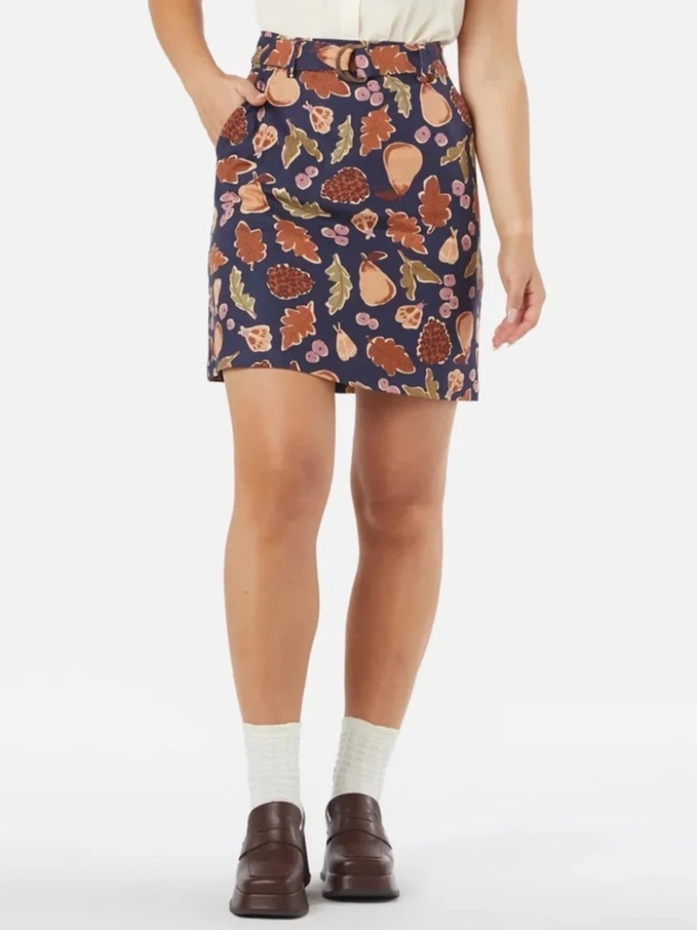 Princess Highway Forest Print Skirt Navy Blue Linen Cotton Belt Size 12 New NWT